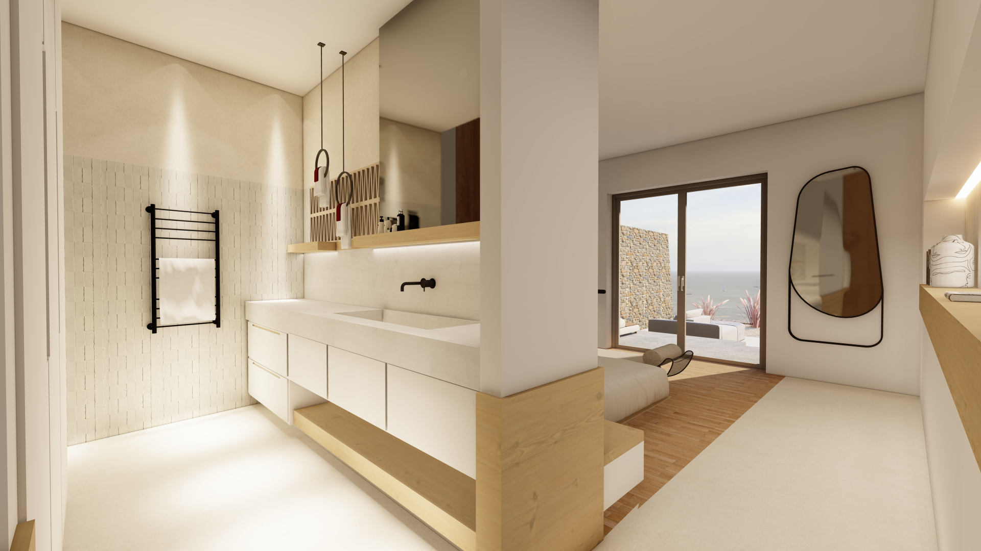 San Romano Villas — En-suite bathroom with stone and timber finishes