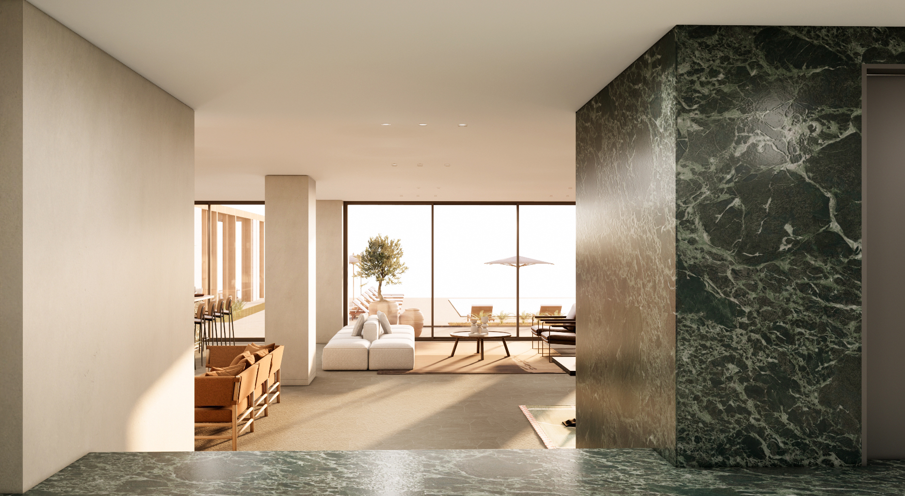Tinos Beach Hotel — Sea-facing lounge with marble detailing