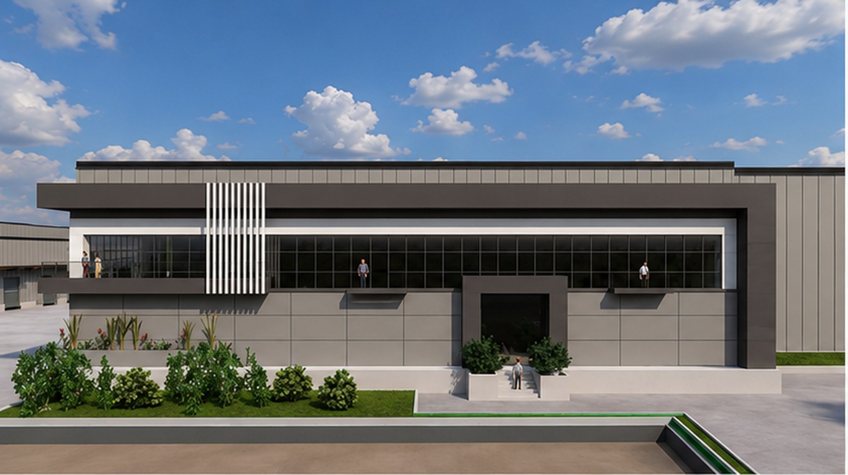 Logistic Center Pleiades — Office wing elevation and landscaped forecourt