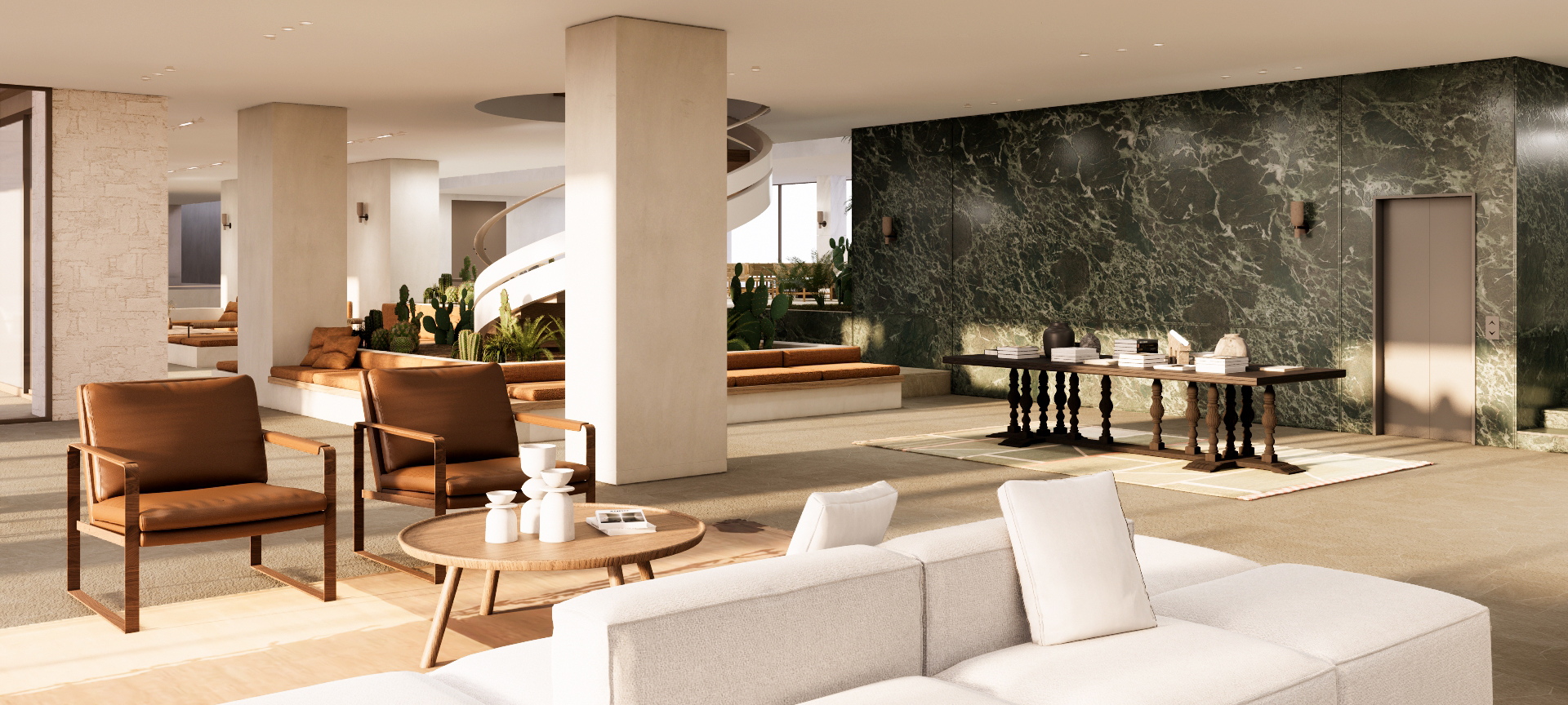 Tinos Beach Hotel — Lobby interior and sculptural stair