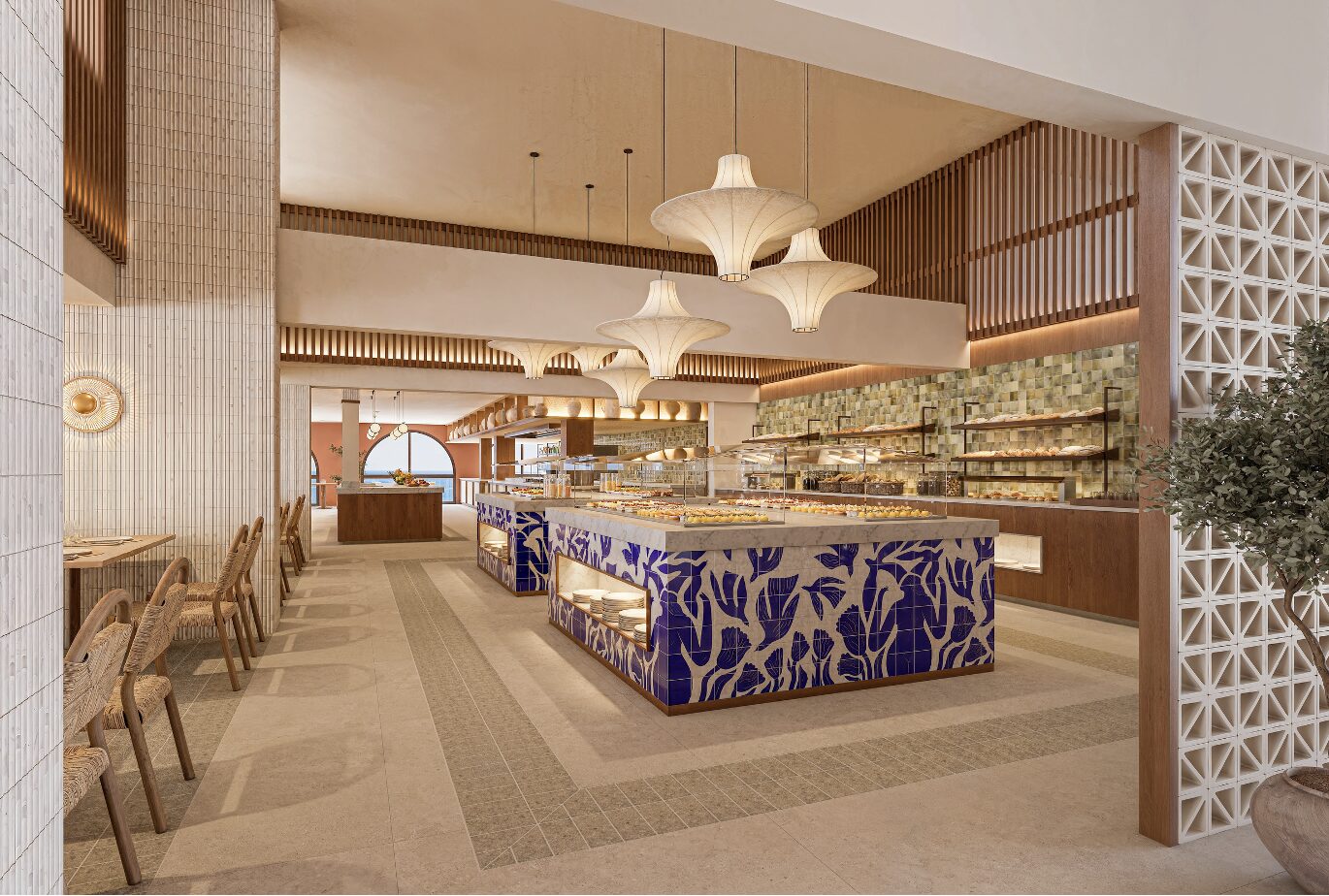 Mitsis Alexander the Great Hotel — Buffet hall with tiled service counters