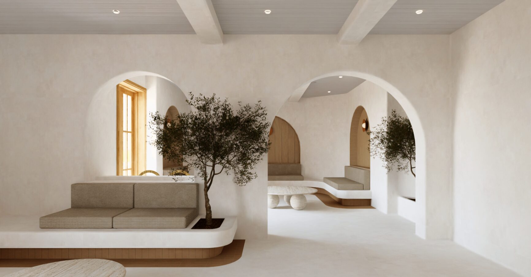 Naxos Resort — Reception lounge and arched seating alcoves