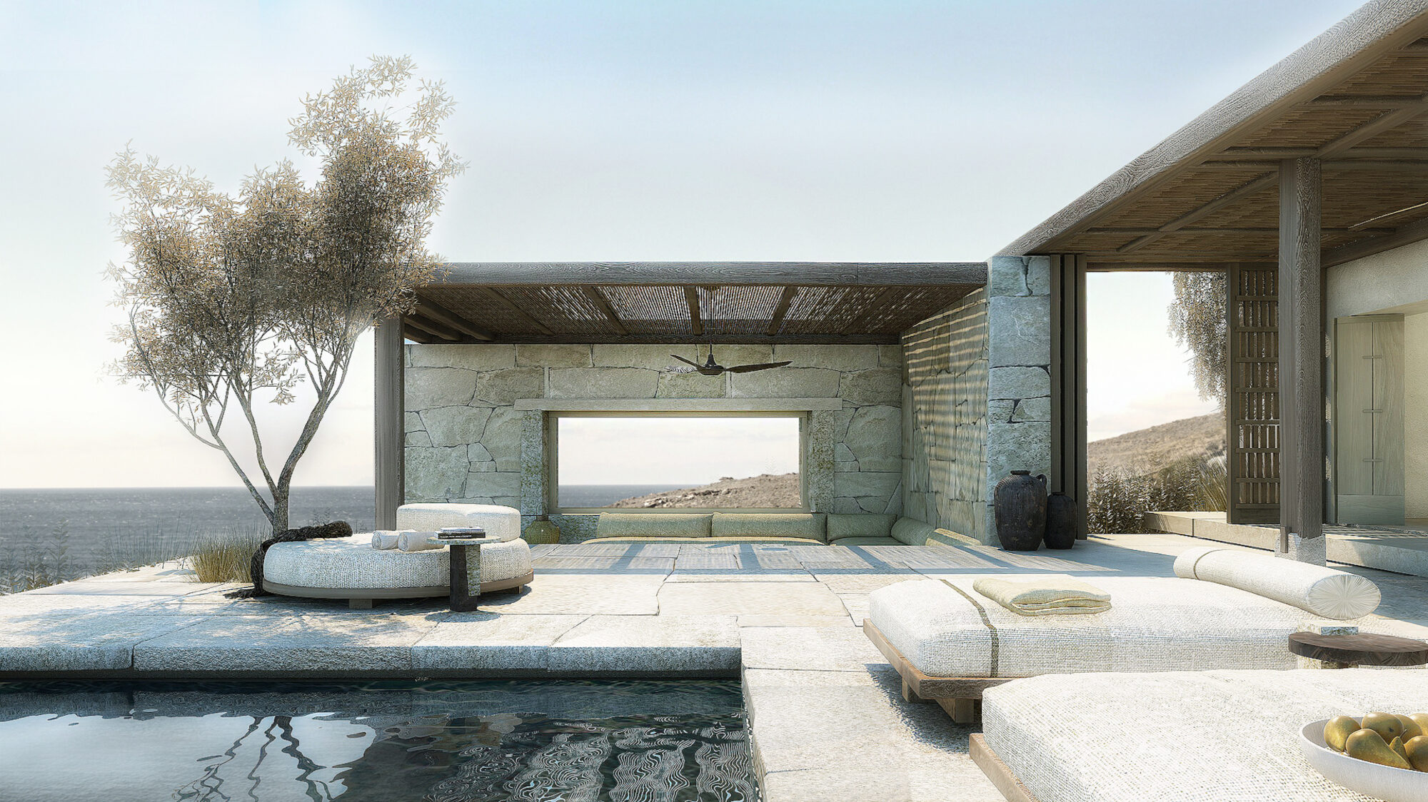 Villa Bella — Shaded outdoor lounge above the sea