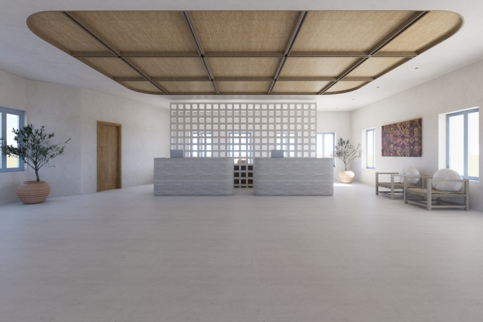 Naxos Resort — Reception hall with woven ceiling canopy