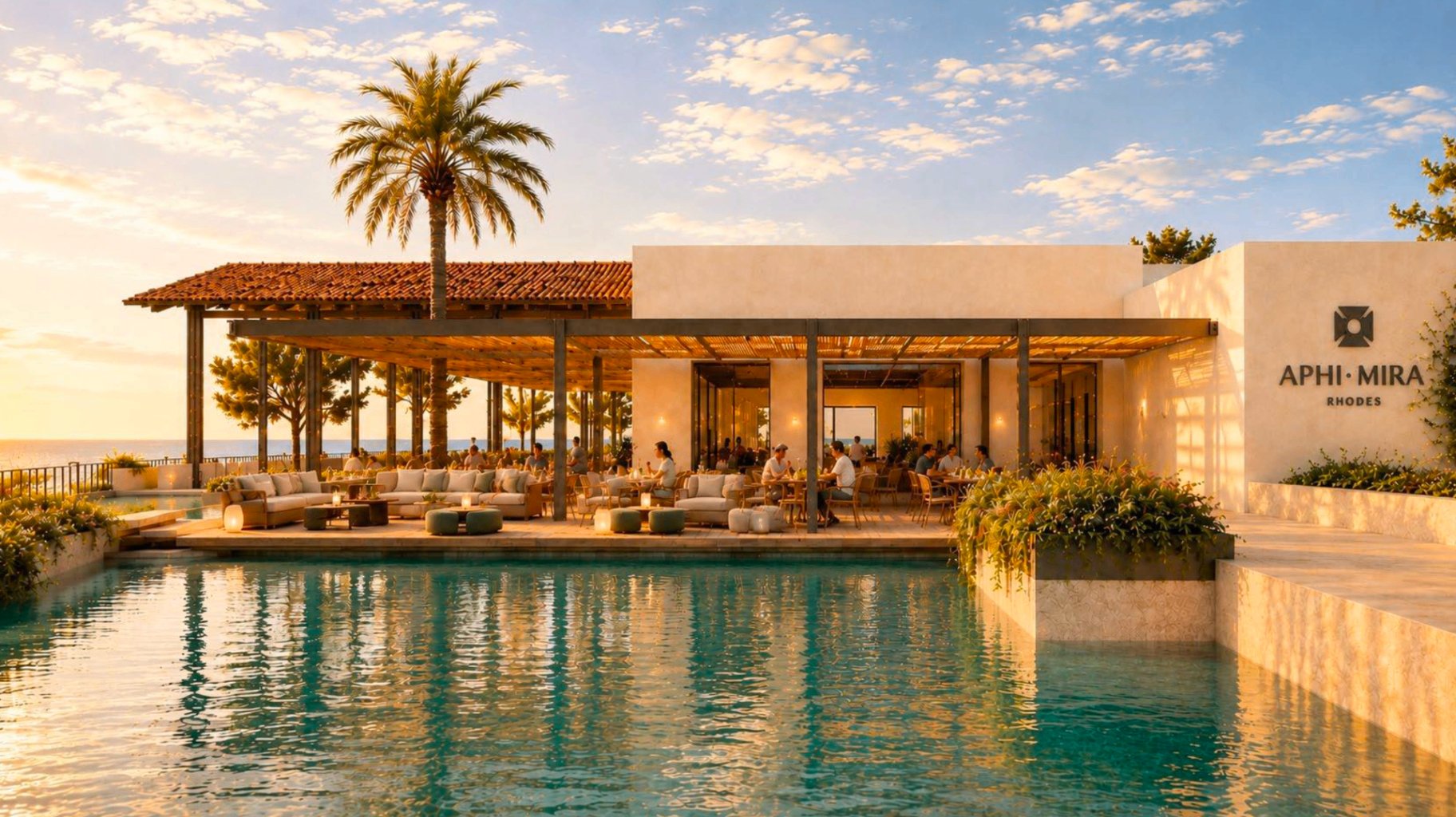 Sunprime Miramare Beach Hotel — Poolside bar and terrace at sunset