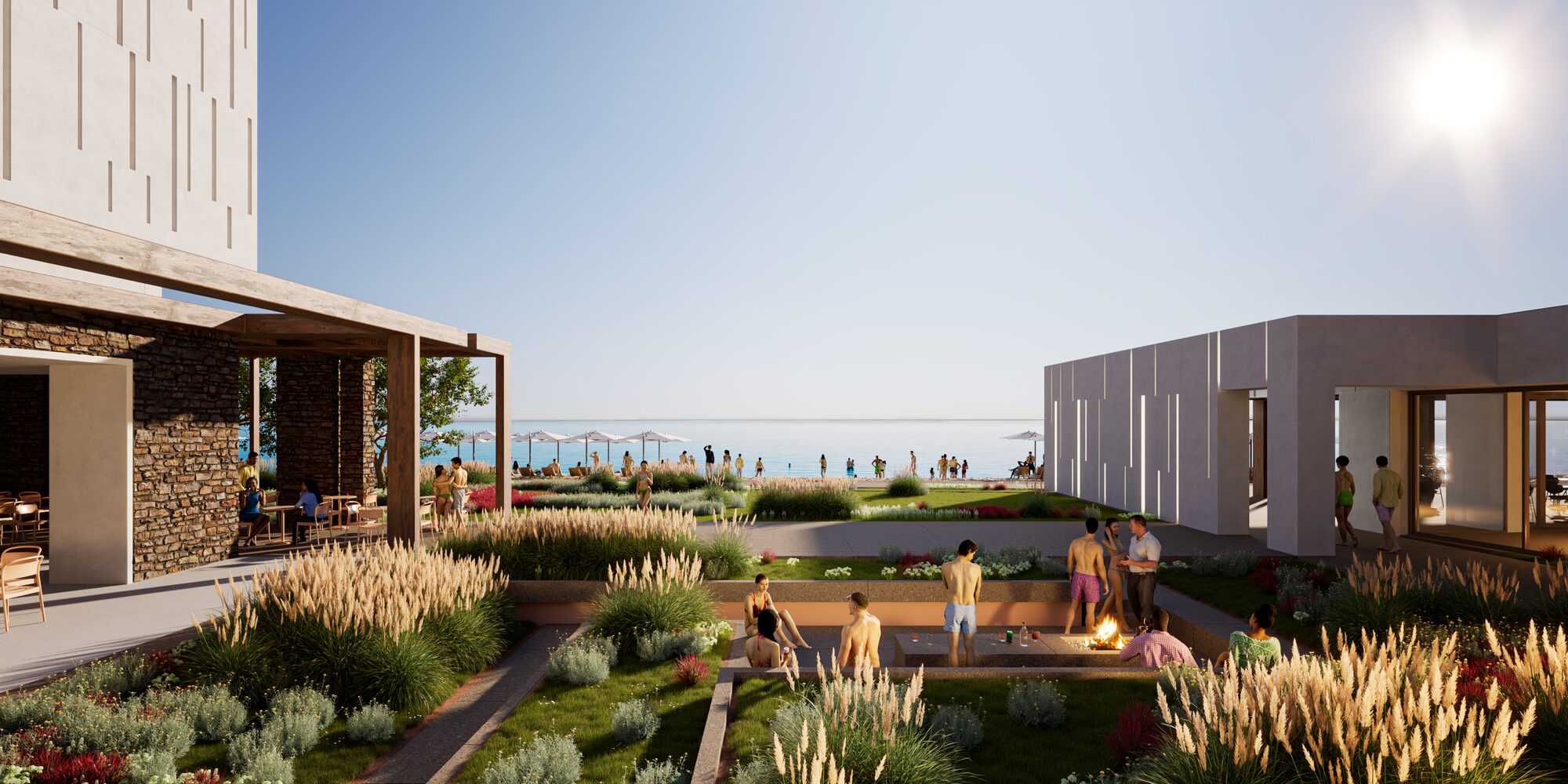 Tinos Beach Hotel — Planted courtyard and fire pit toward the sea