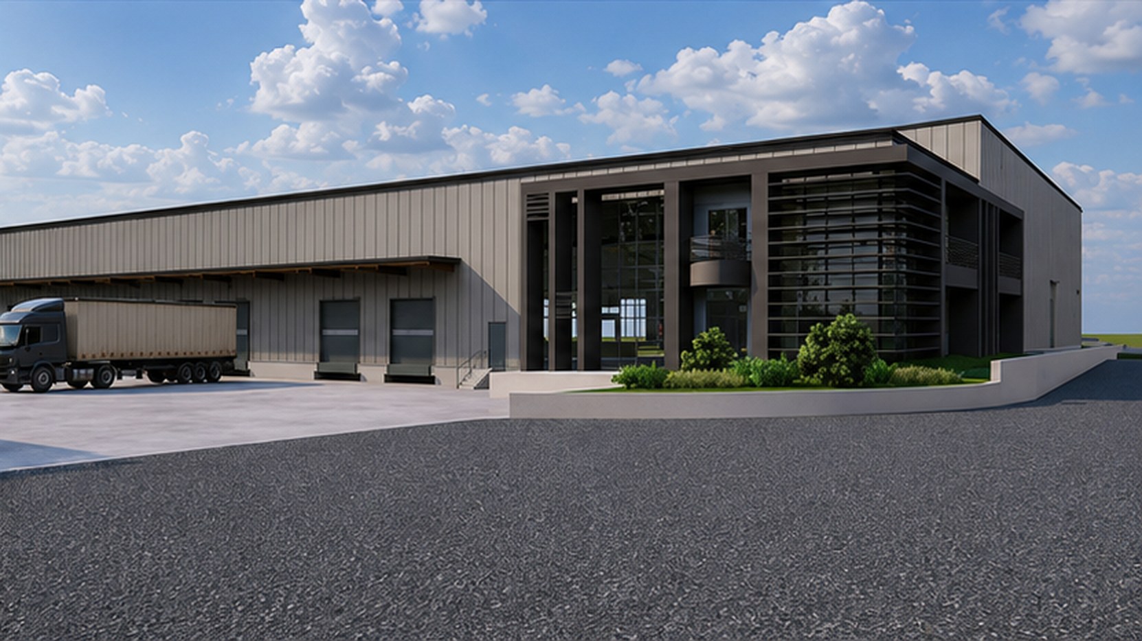 Logistic Center Pleiades — Office block and truck approach to the docks