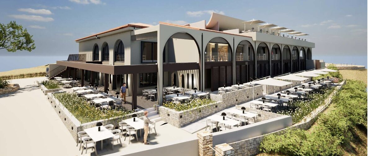 Mitsis Alexander the Great Hotel — Restaurant building and outdoor dining terraces