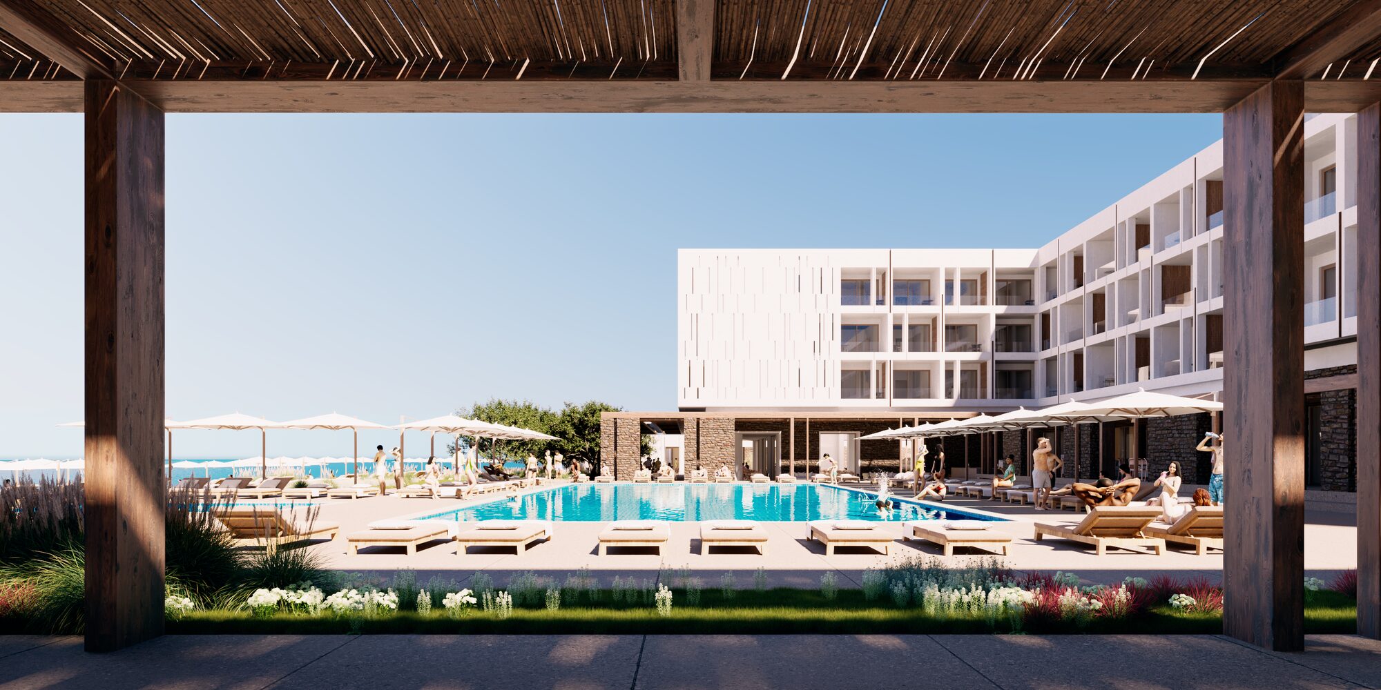 Tinos Beach Hotel — Pool terrace from the shaded pergola