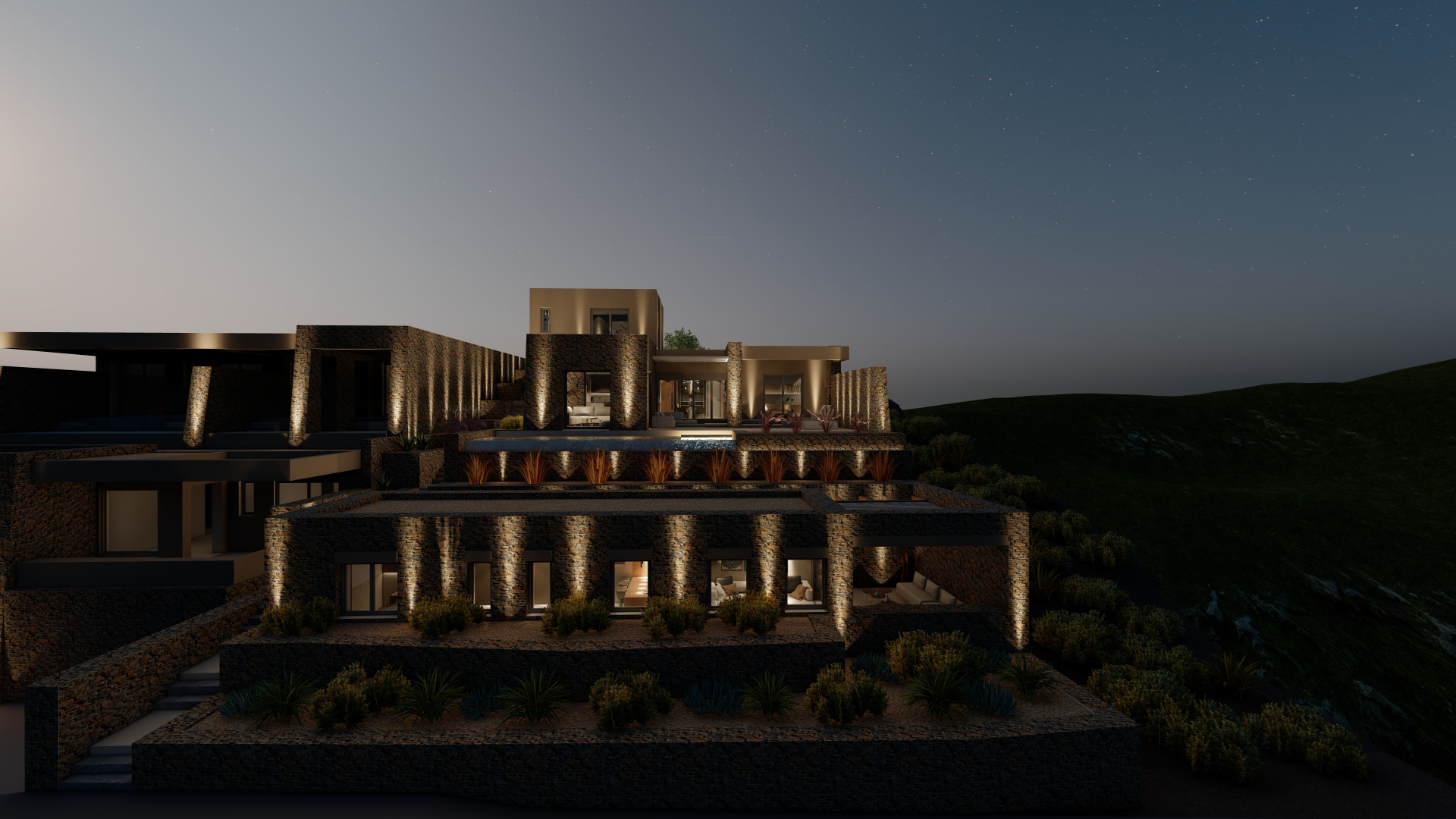 San Romano Villas — Terraced stone elevation at night