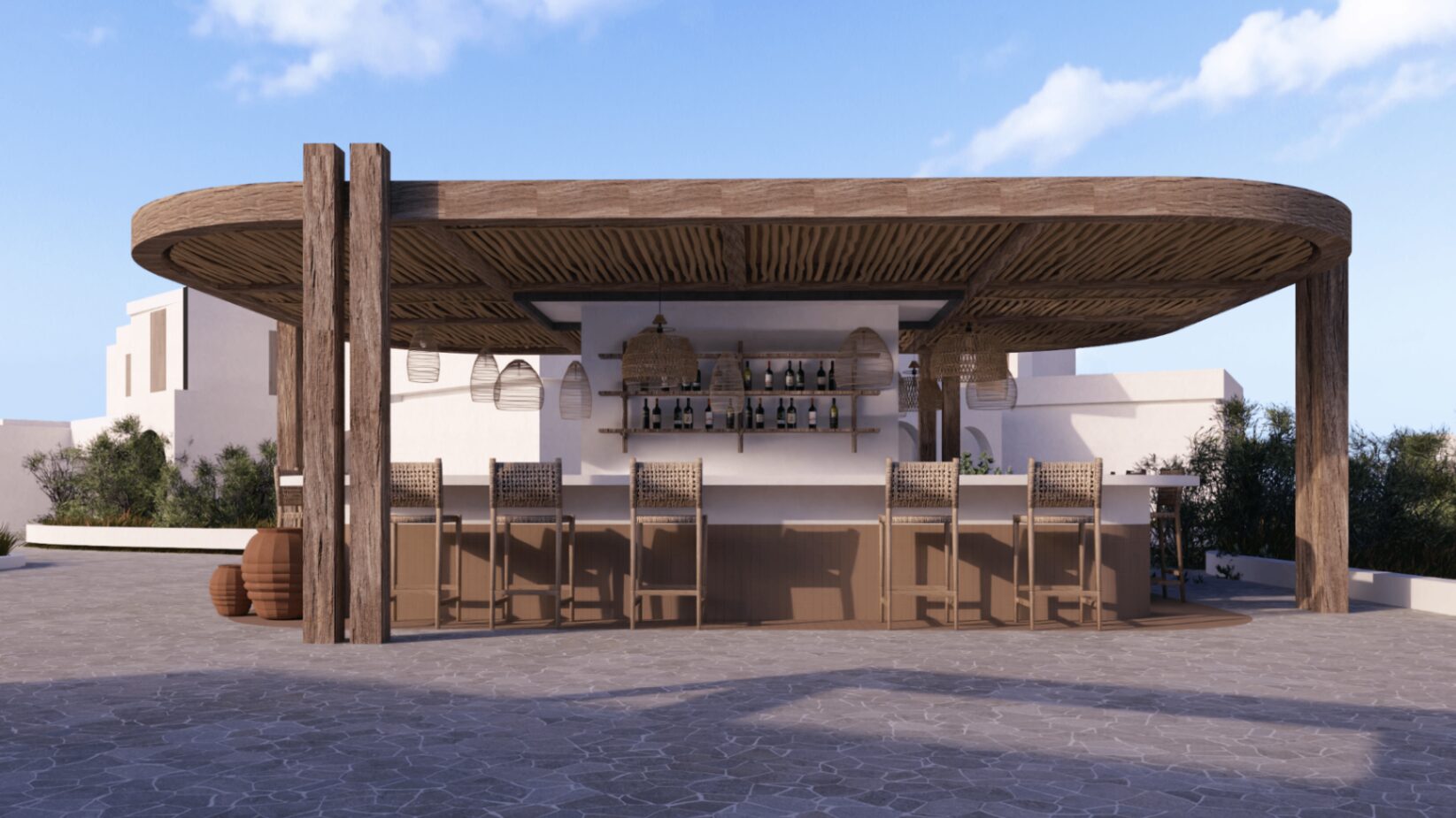 Naxos Resort — Outdoor bar under the timber pergola