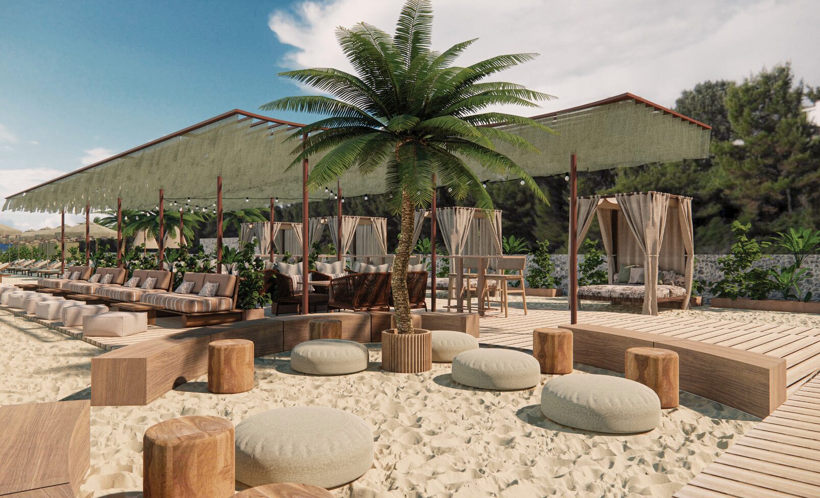 Mitsis Alexander the Great Hotel — Beach club with shaded pergola and cabanas