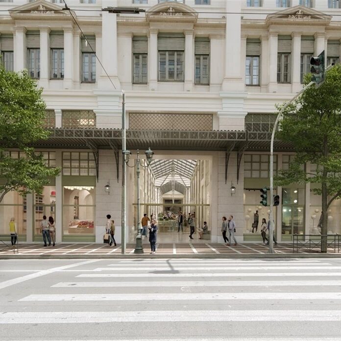 Arsakeio Megaro Renovation & ΣΤΟΑ Food Hall — Street entrance under the restored canopy