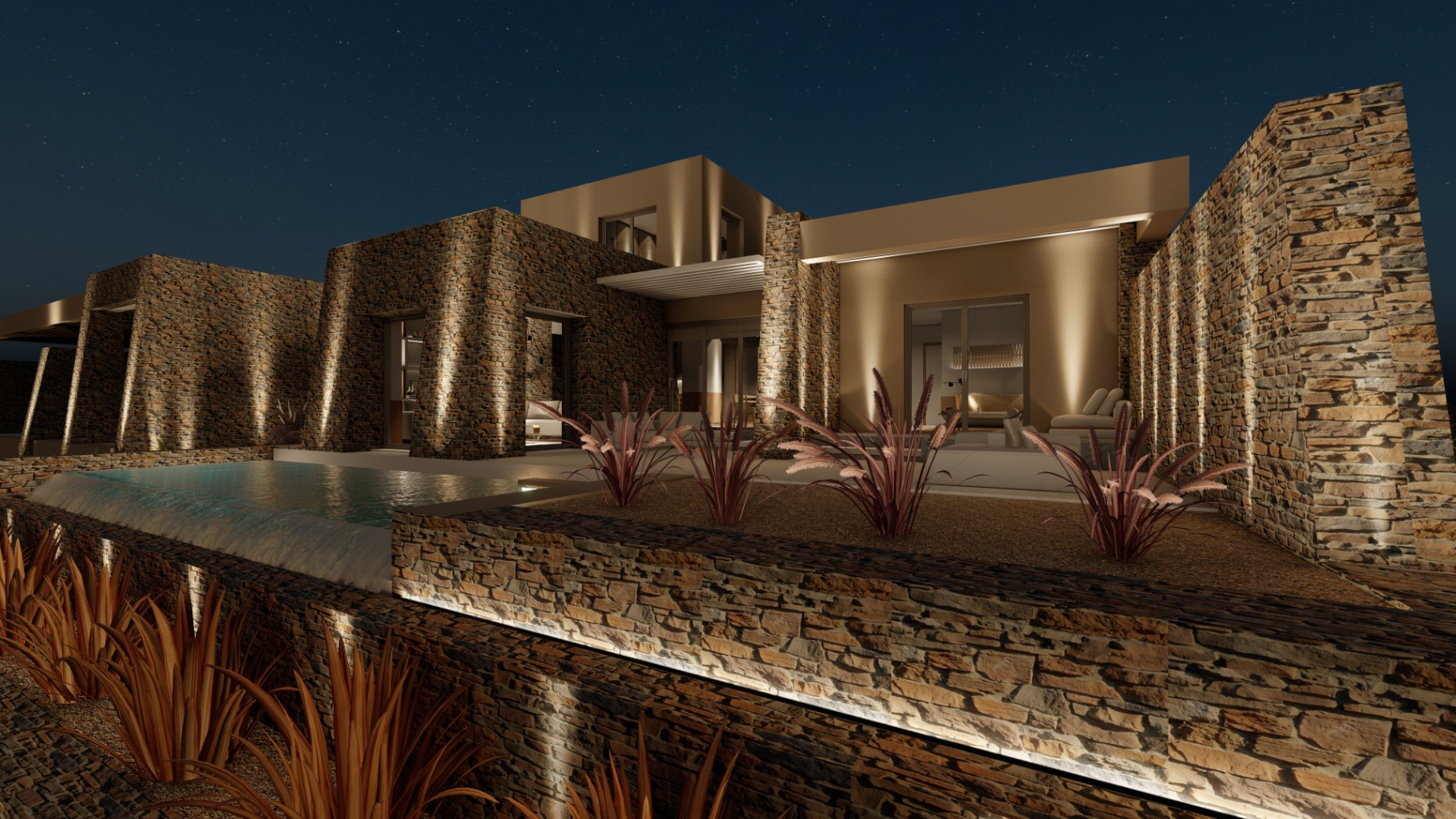 San Romano Villas — Infinity pool and illuminated stone walls