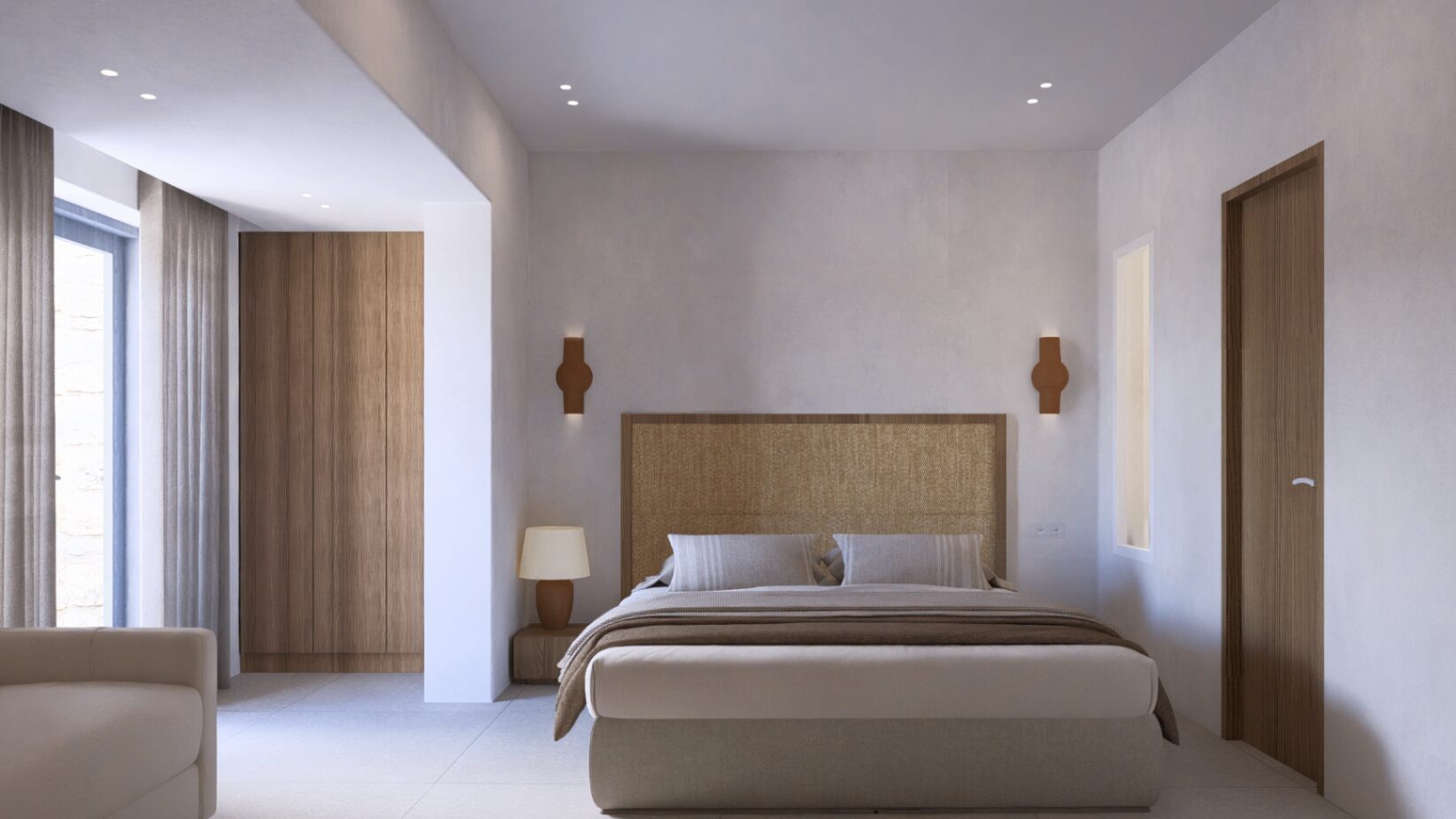 Naxos Resort — Guest room with woven headboard