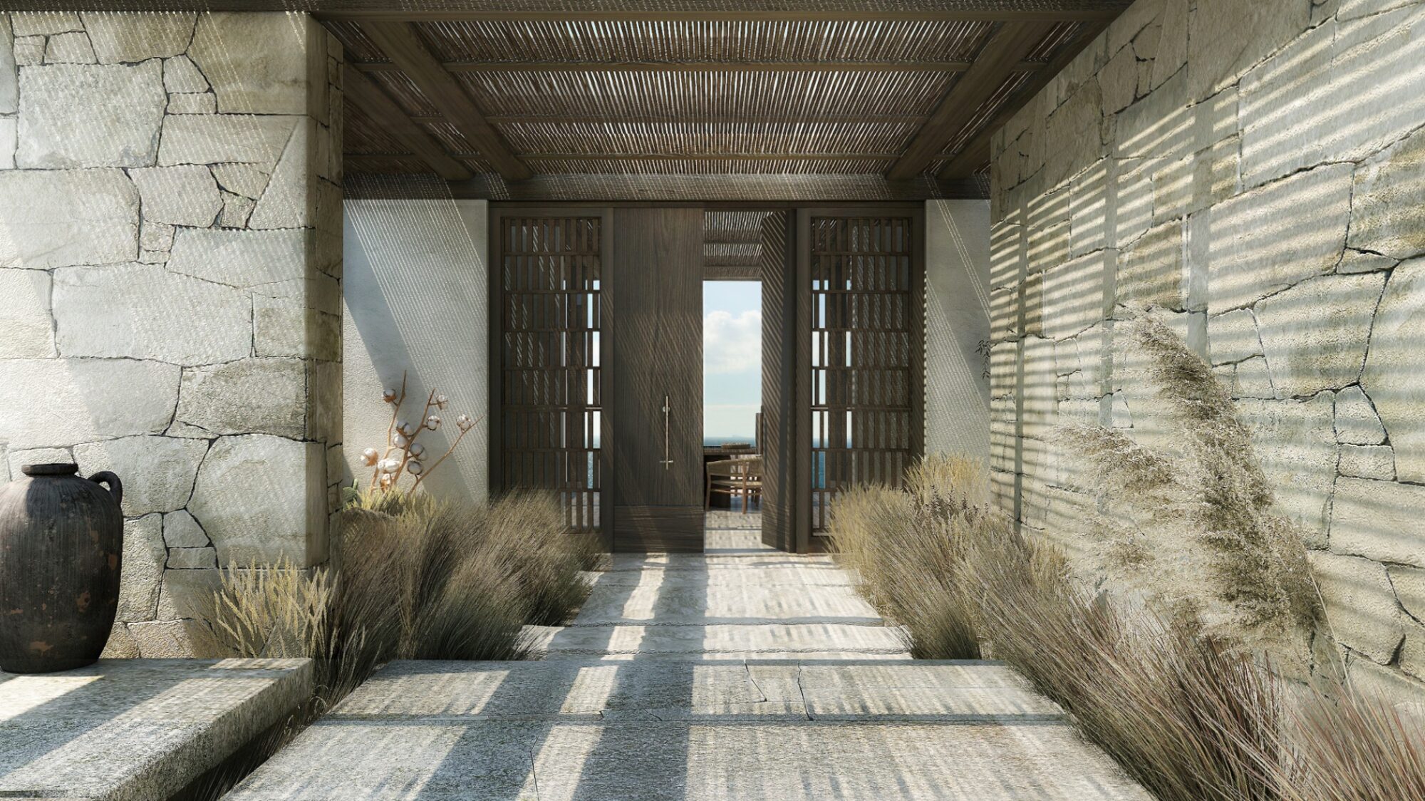 Villa Bella — Stone entrance path and timber doors